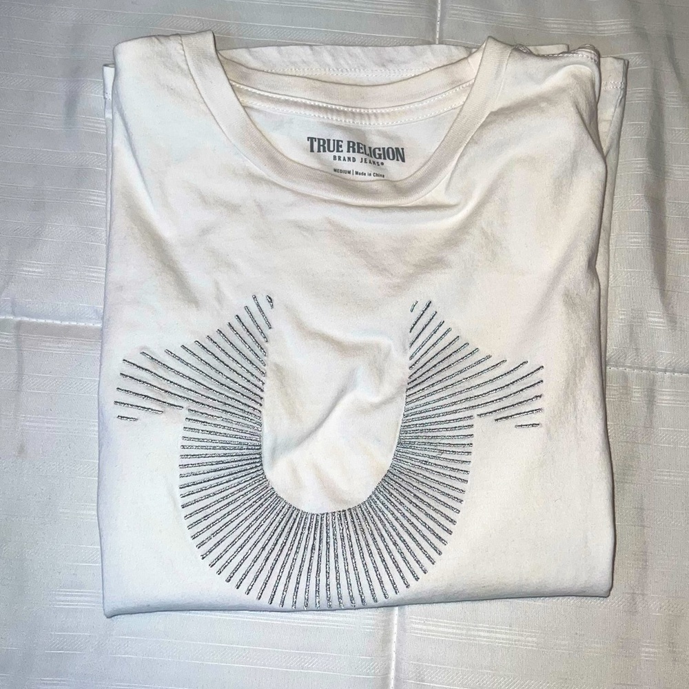 True Religion White T-Shirt Womens (Medium) Silver Logo